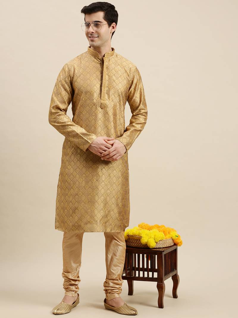 Sanwara Men's Khakee woven Long Sleeve Art Silk Elegant Kurta
