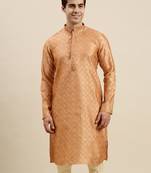 Sanwara Men's Rust woven Long Sleeve Art Silk Elegant Kurta