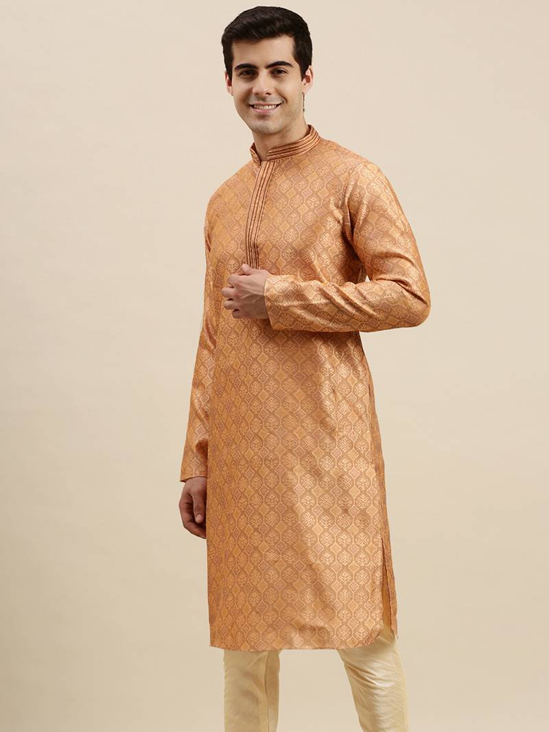 Sanwara Men's Rust woven Long Sleeve Art Silk Elegant Kurta