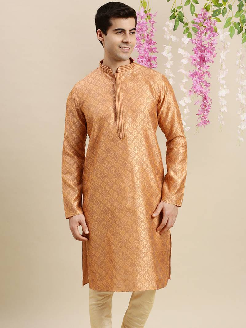 Sanwara Men's Rust woven Long Sleeve Art Silk Elegant Kurta