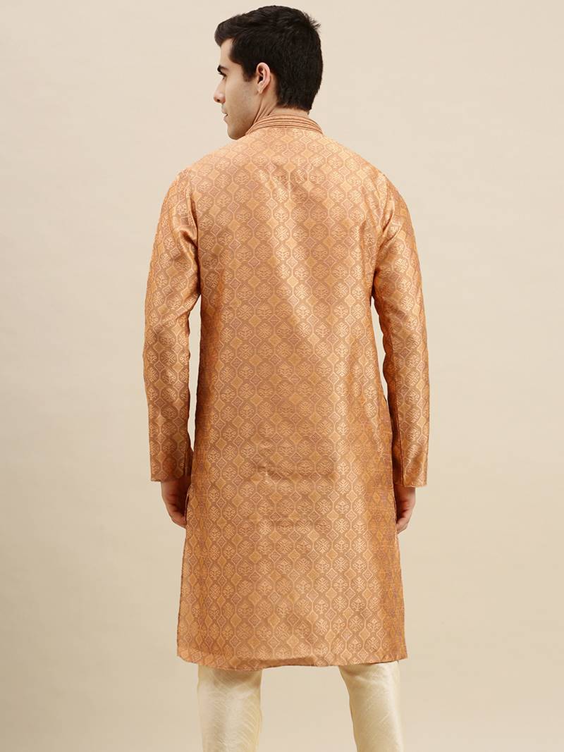 Sanwara Men's Rust woven Long Sleeve Art Silk Elegant Kurta