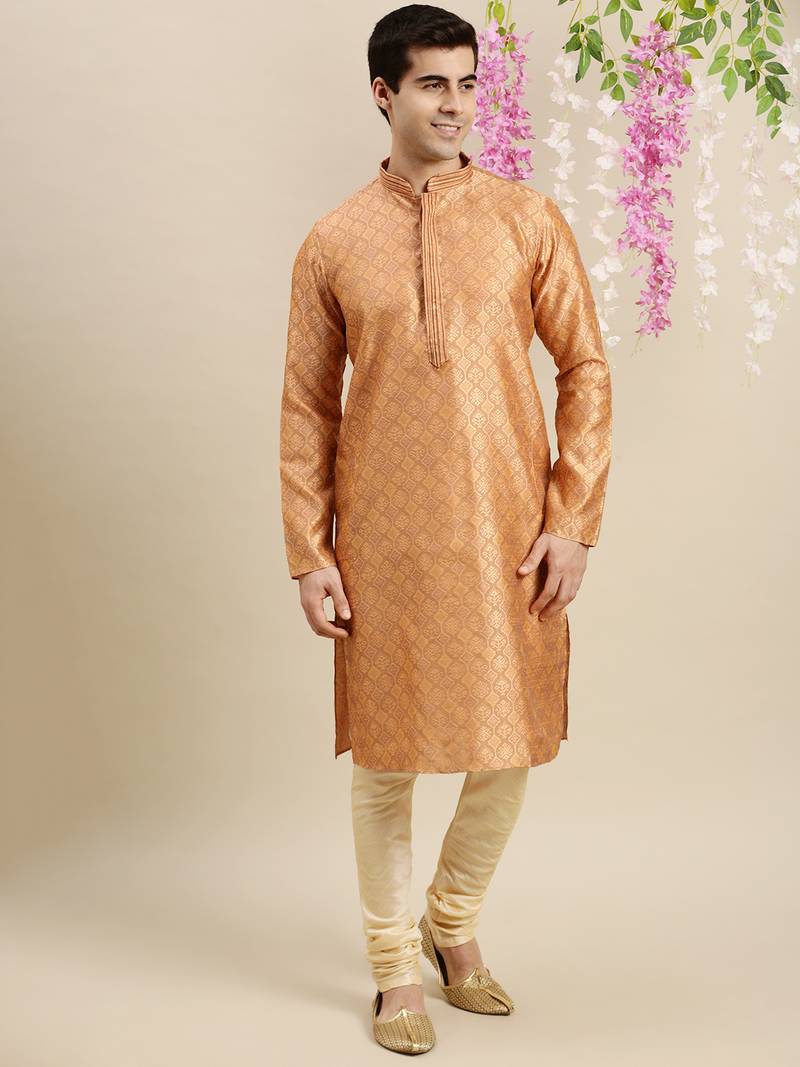 Sanwara Men's Rust woven Long Sleeve Art Silk Elegant Kurta