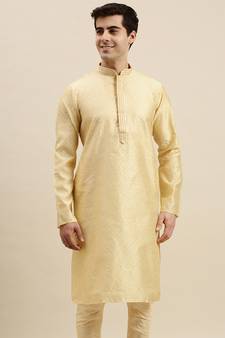 Sanwara Men's Cream woven Long Sleeve Art Silk Elegant Kurta