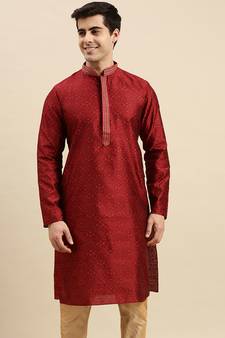 Sanwara Men's Maroon woven Long Sleeve Art Silk Elegant Kurta