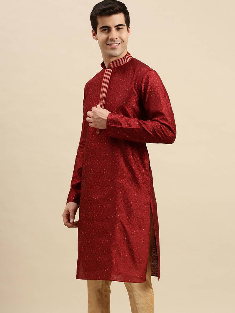 Sanwara Men's Maroon woven Long Sleeve Art Silk Elegant Kurta