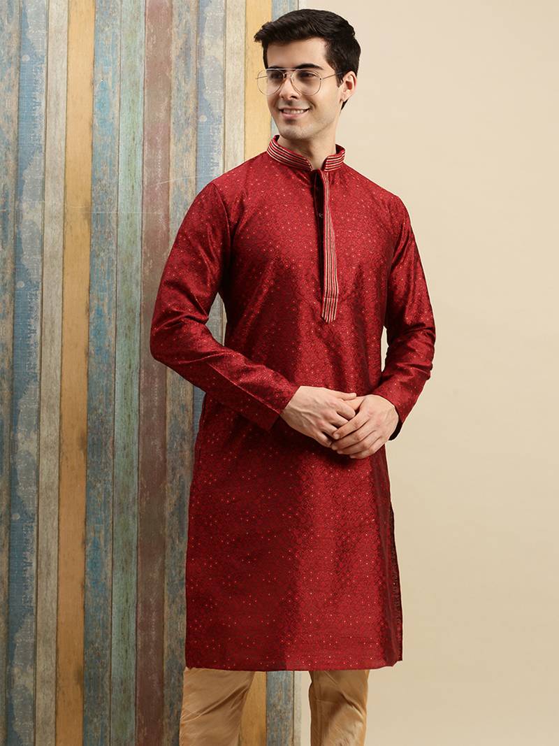 Sanwara Men's Maroon woven Long Sleeve Art Silk Elegant Kurta