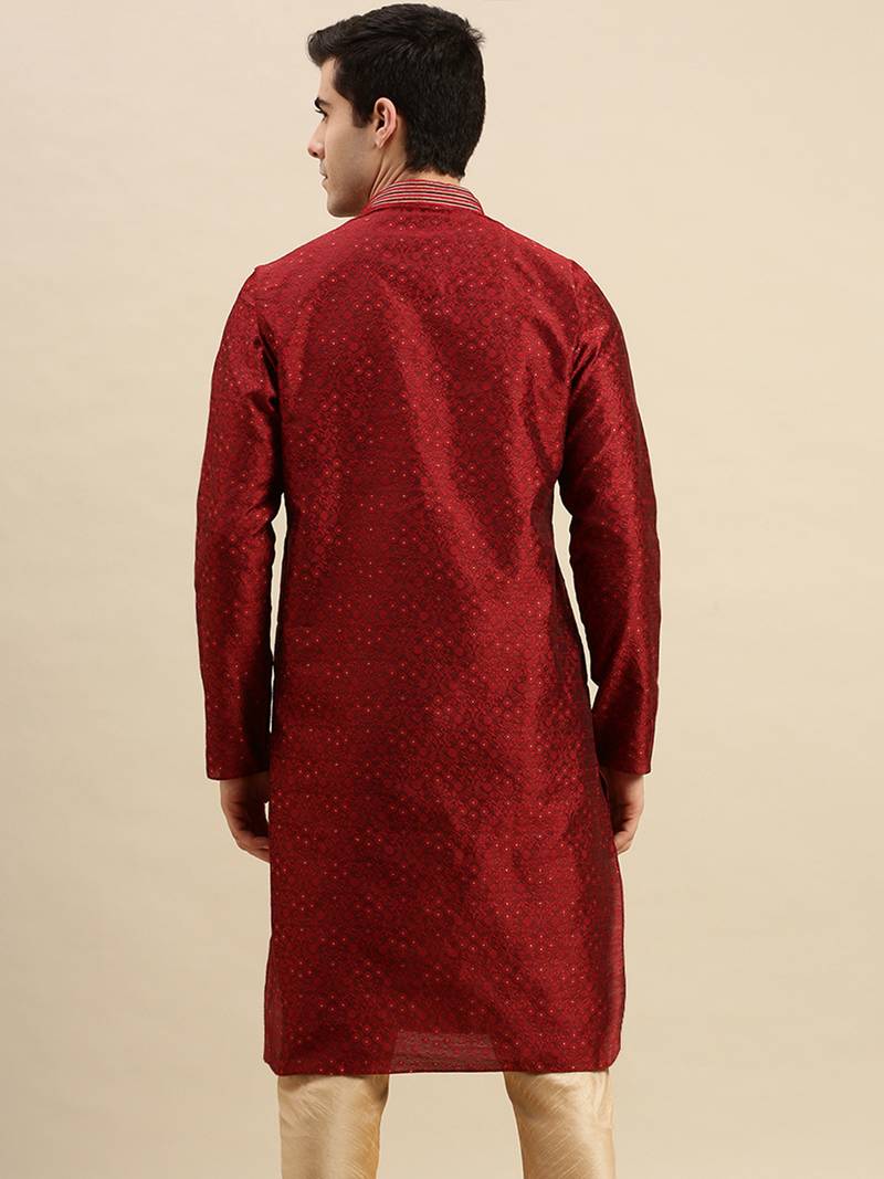 Sanwara Men's Maroon woven Long Sleeve Art Silk Elegant Kurta