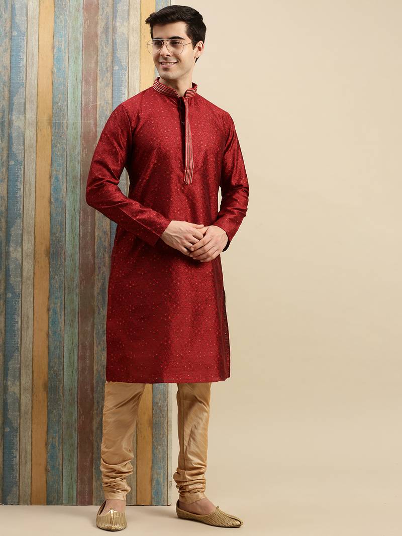 Sanwara Men's Maroon woven Long Sleeve Art Silk Elegant Kurta