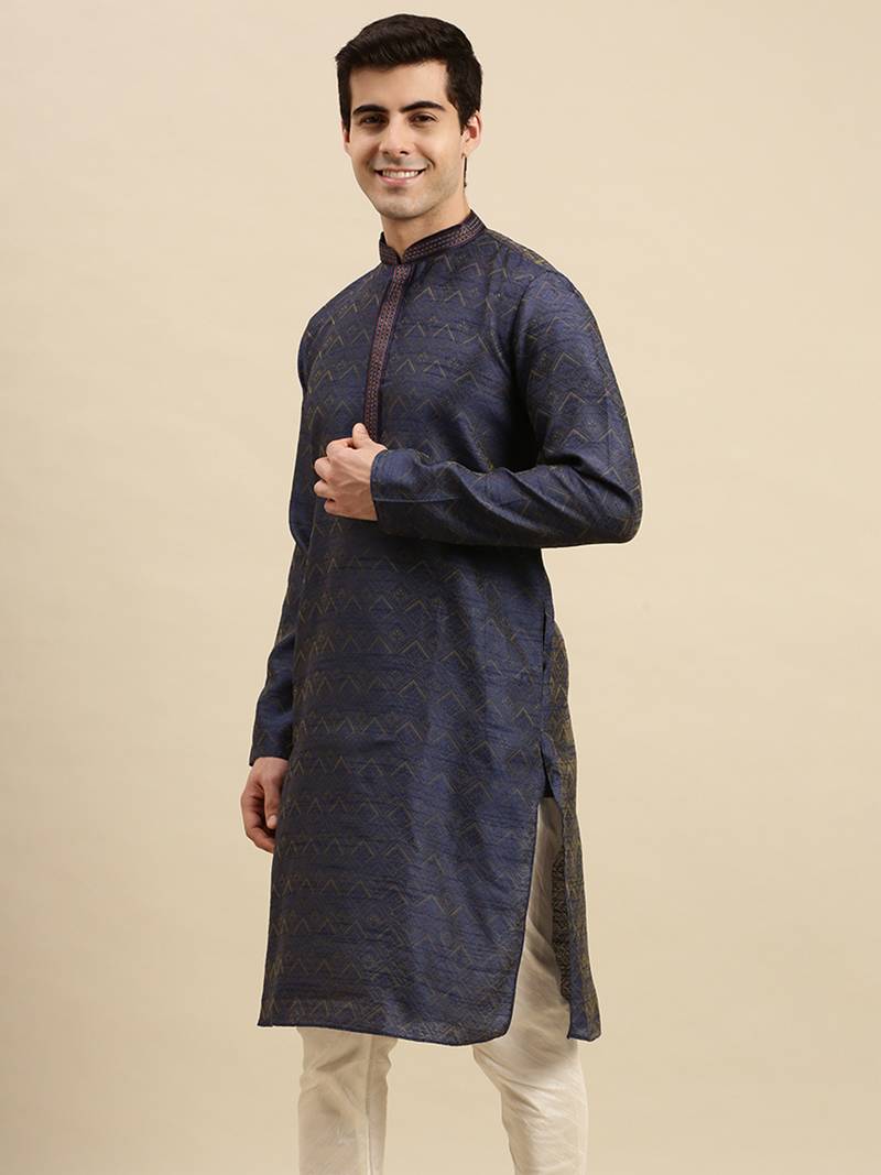 Sanwara Men's Blue woven Long Sleeve Art Silk Elegant Kurta