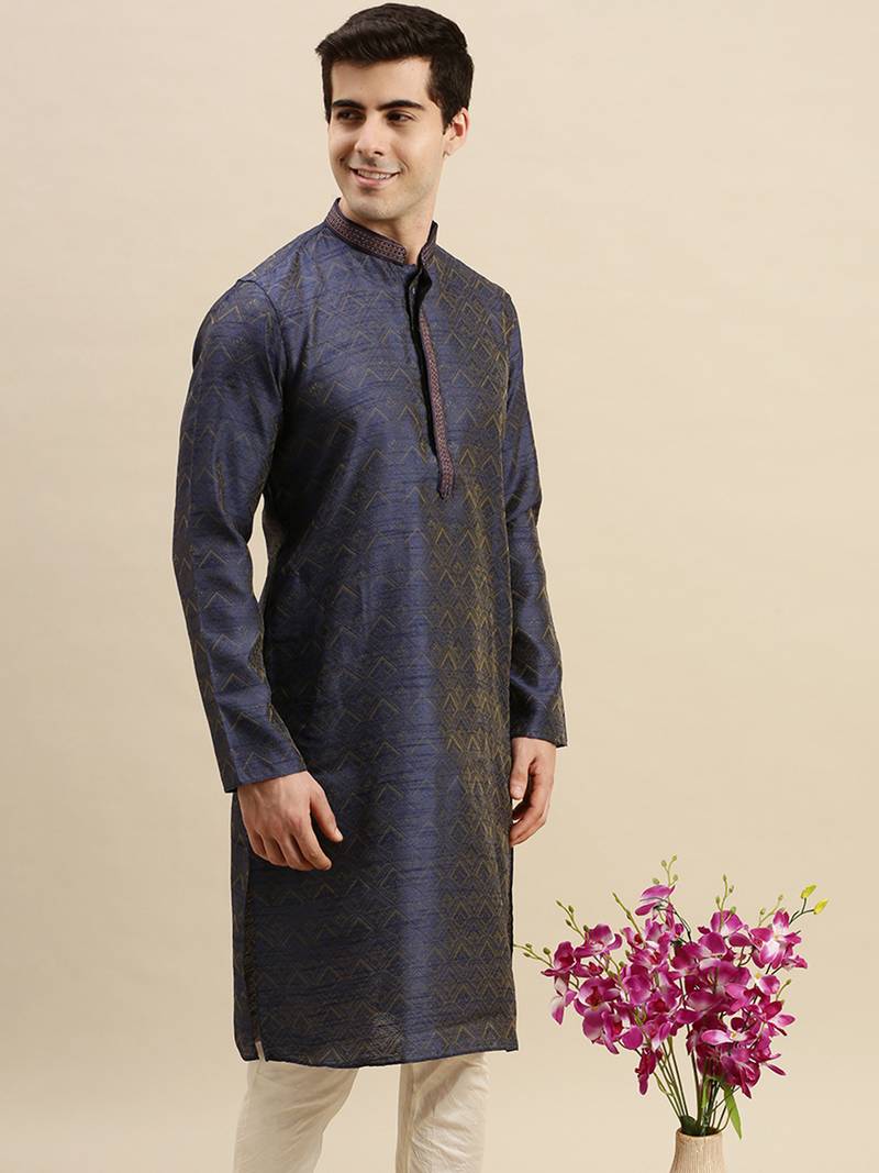 Sanwara Men's Blue woven Long Sleeve Art Silk Elegant Kurta