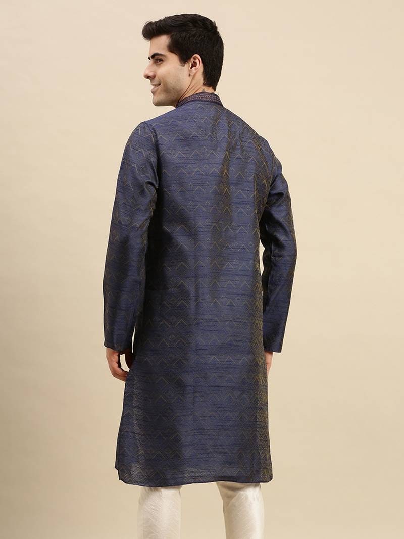 Sanwara Men's Blue woven Long Sleeve Art Silk Elegant Kurta