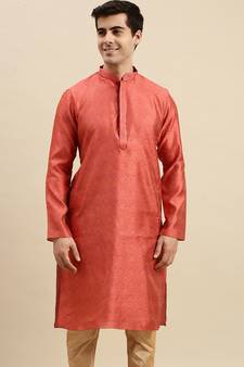 Sanwara Men's Pink woven Long Sleeve Art Silk Elegant Kurta