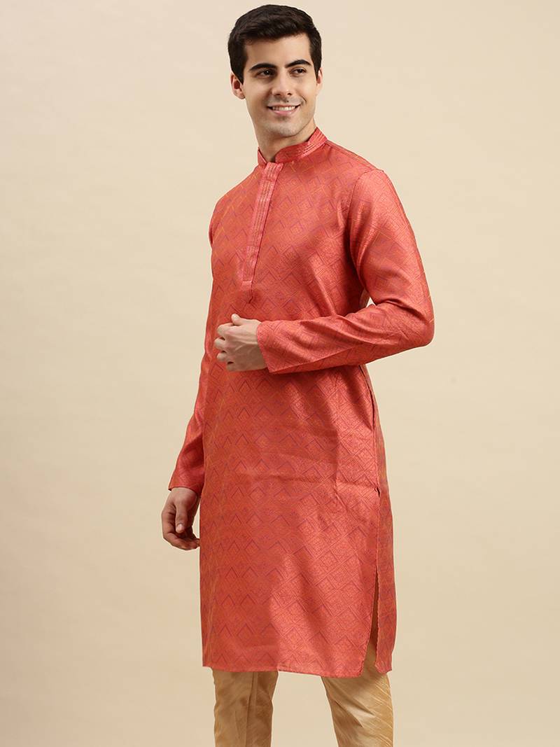 Sanwara Men's Pink woven Long Sleeve Art Silk Elegant Kurta