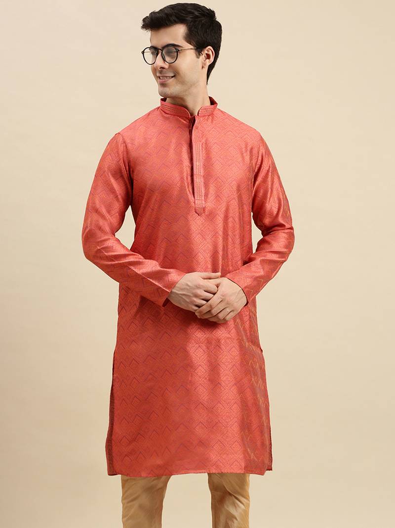 Sanwara Men's Pink woven Long Sleeve Art Silk Elegant Kurta