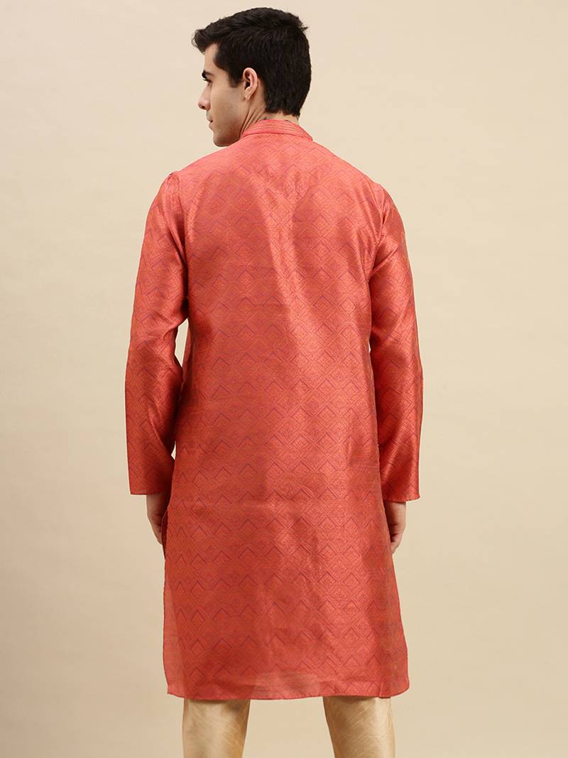 Sanwara Men's Pink woven Long Sleeve Art Silk Elegant Kurta