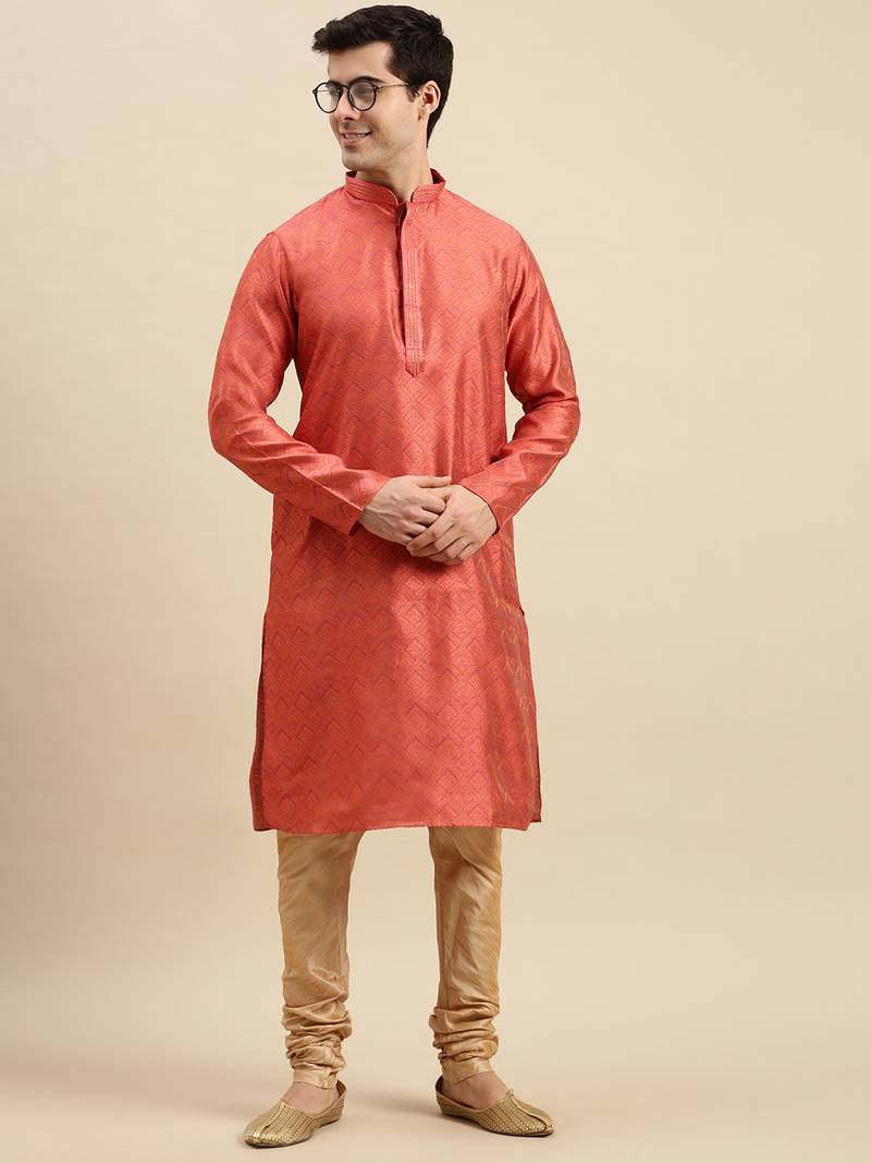 Sanwara Men's Pink woven Long Sleeve Art Silk Elegant Kurta