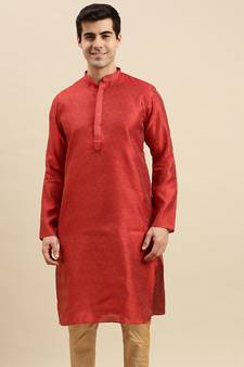Sanwara Men's Red woven Long Sleeve Art Silk Elegant Kurta