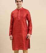 Sanwara Men's Red woven Long Sleeve Art Silk Elegant Kurta