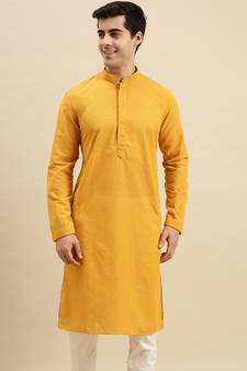 Sanwara Men's Mustard chickenkari Long Sleeve Cotton Designer Kurta