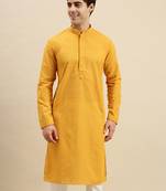 Sanwara Men's Mustard chickenkari Long Sleeve Cotton Designer Kurta