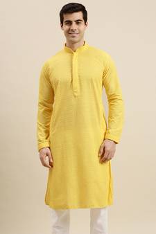 Sanwara Men's Yellow chickenkari Long Sleeve Cotton Designer Kurta