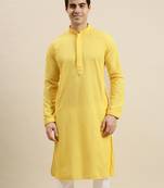 Sanwara Men's Yellow chickenkari Long Sleeve Cotton Designer Kurta