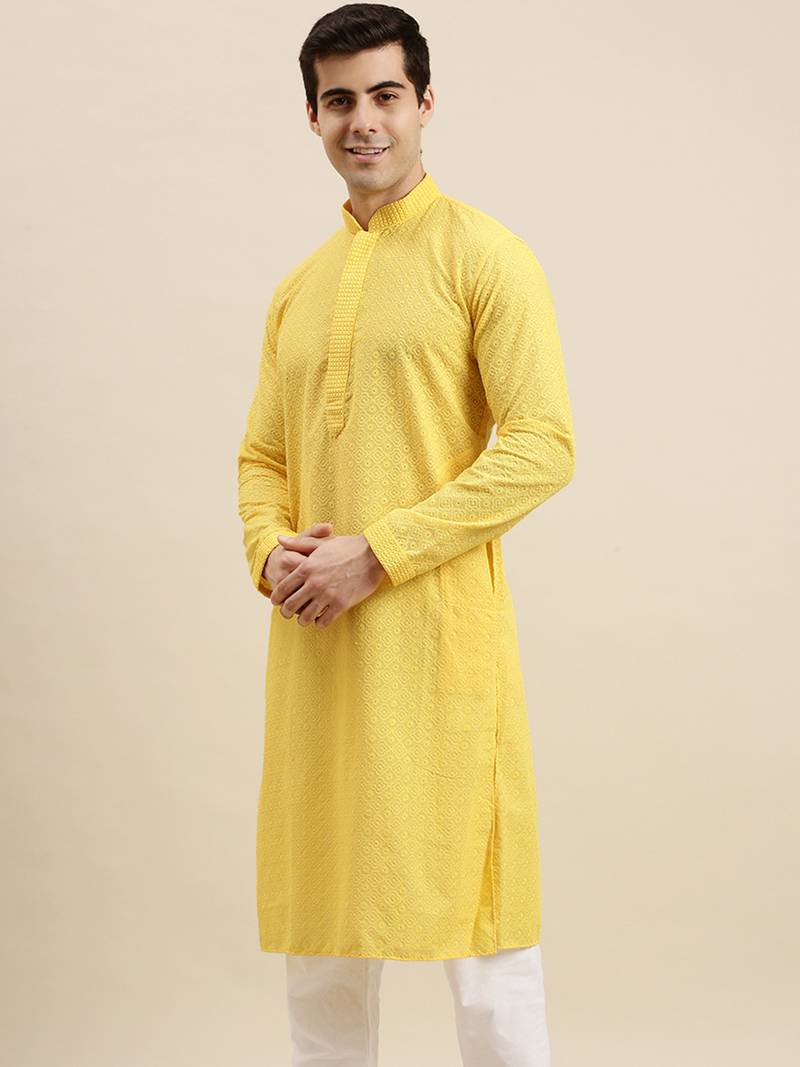 Sanwara Men's Yellow chickenkari Long Sleeve Cotton Designer Kurta