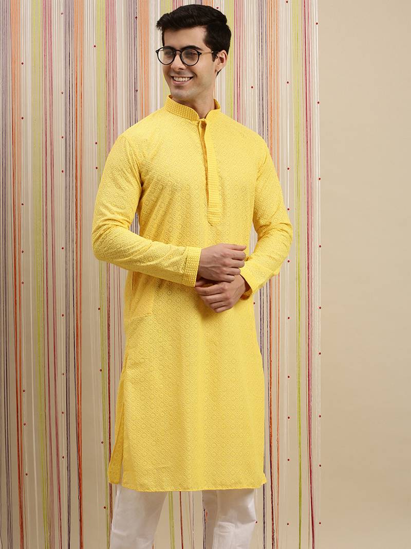 Sanwara Men's Yellow chickenkari Long Sleeve Cotton Designer Kurta