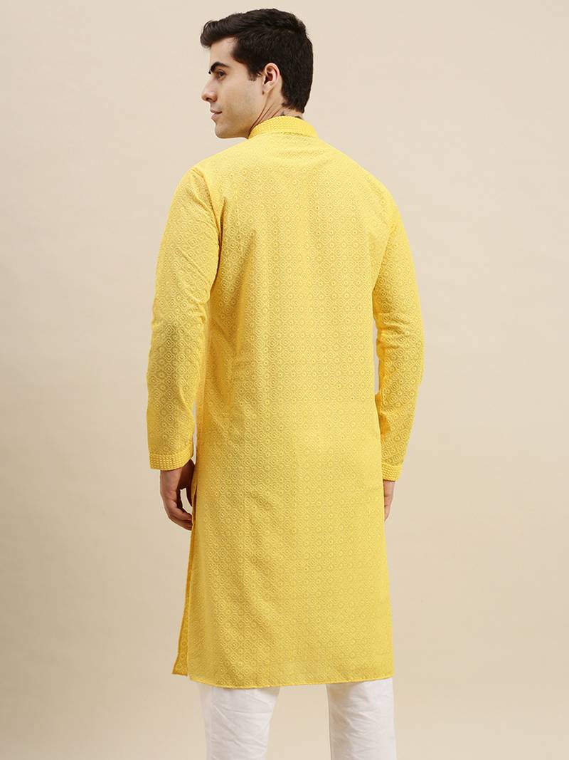 Sanwara Men's Yellow chickenkari Long Sleeve Cotton Designer Kurta