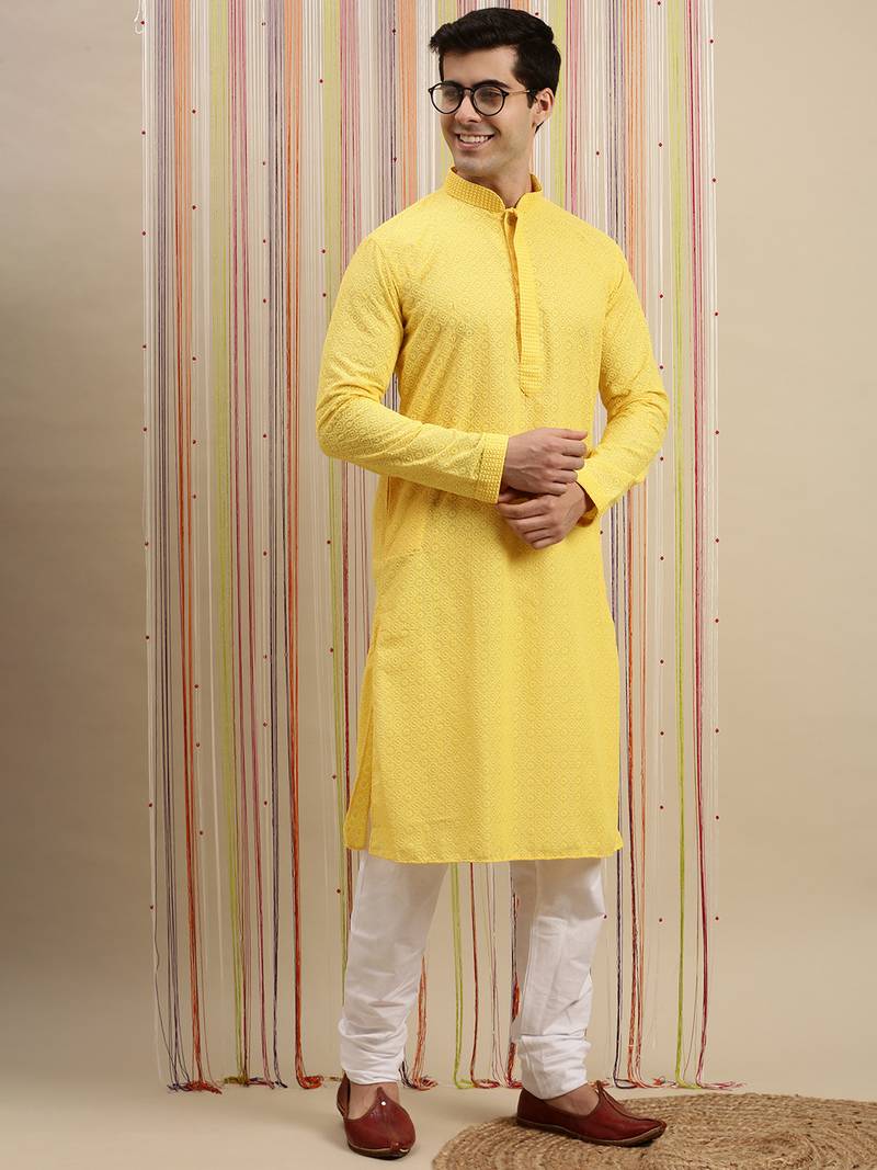 Sanwara Men's Yellow chickenkari Long Sleeve Cotton Designer Kurta