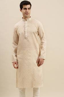 Sanwara Men's Beige Printed Long Sleeve Cotton Elegant Kurta