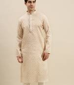 Sanwara Men's Beige Printed Long Sleeve Cotton Elegant Kurta