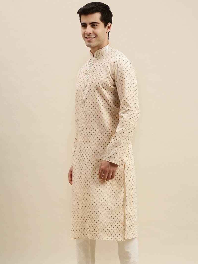 Sanwara Men's Beige Printed Long Sleeve Cotton Elegant Kurta