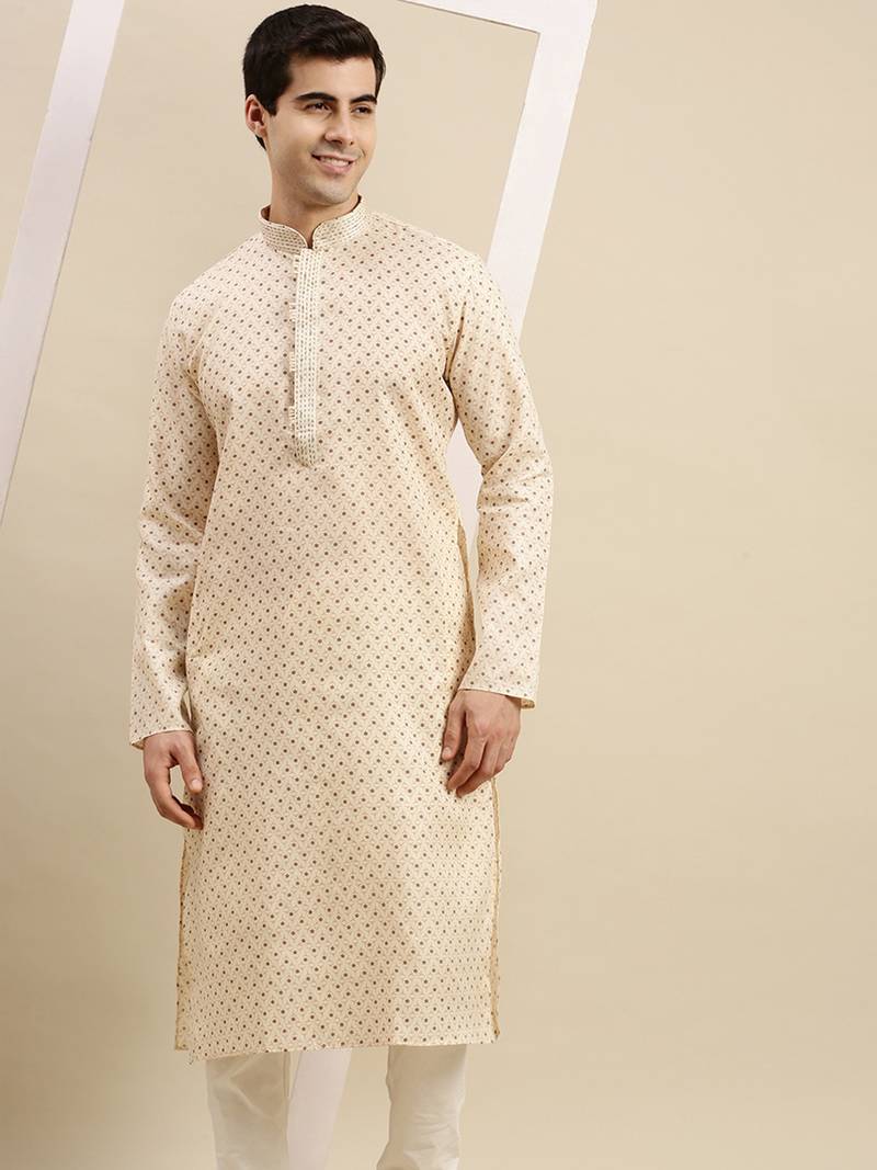 Sanwara Men's Beige Printed Long Sleeve Cotton Elegant Kurta