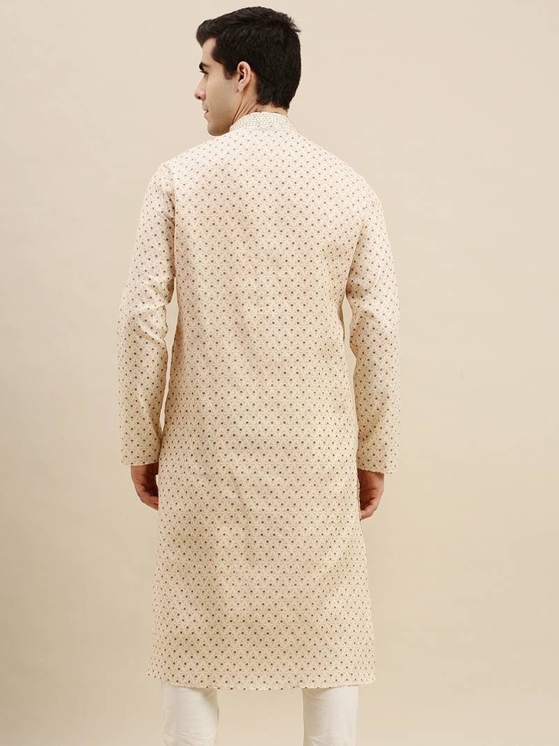 Sanwara Men's Beige Printed Long Sleeve Cotton Elegant Kurta