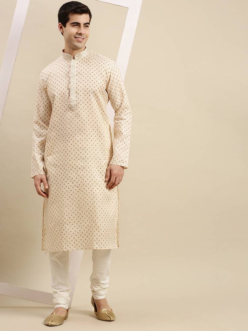 Sanwara Men's Beige Printed Long Sleeve Cotton Elegant Kurta