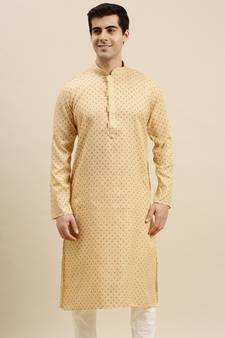 Sanwara Men's Light Yellow Printed Long Sleeve Cotton Elegant Kurta