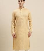 Sanwara Men's Light Yellow Printed Long Sleeve Cotton Elegant Kurta