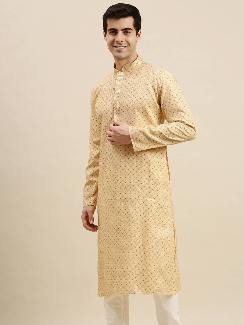 Sanwara Men's Light Yellow Printed Long Sleeve Cotton Elegant Kurta