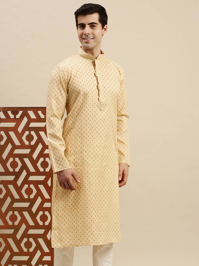 Sanwara Men's Light Yellow Printed Long Sleeve Cotton Elegant Kurta