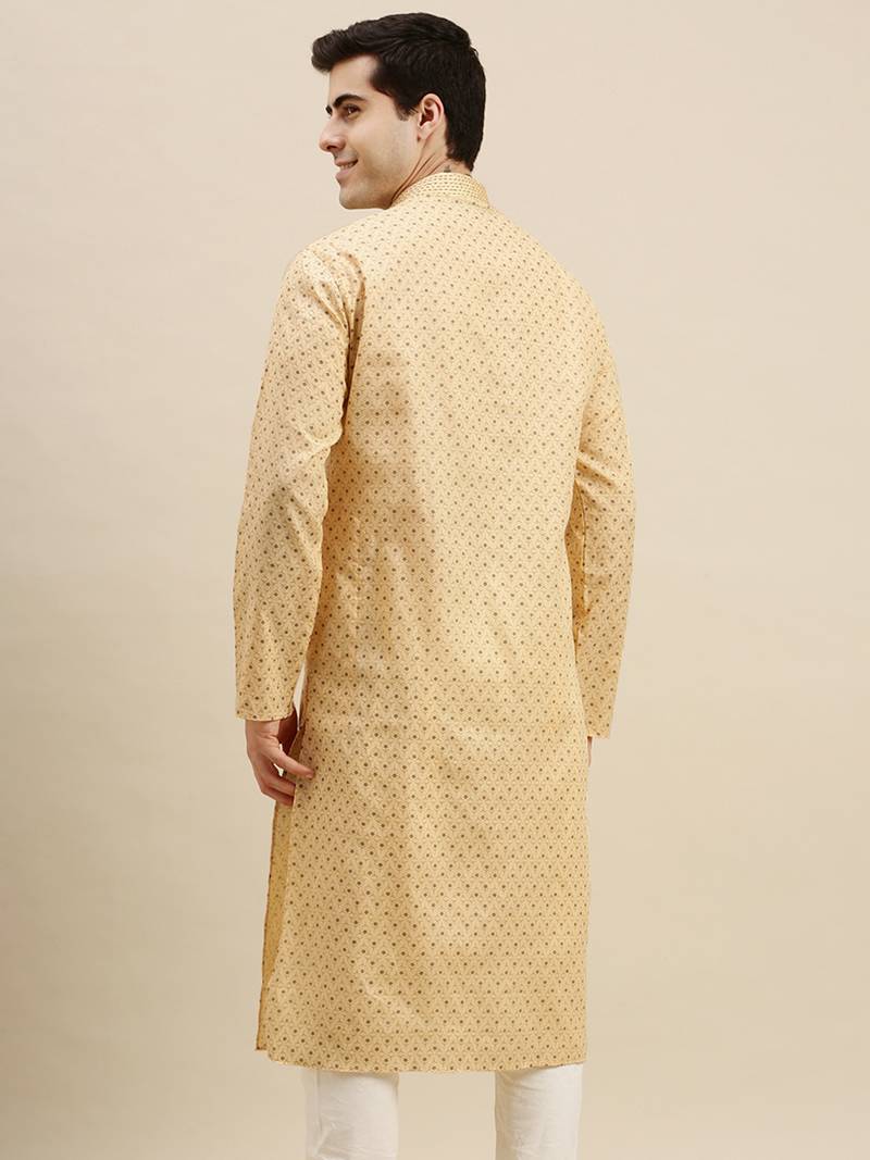 Sanwara Men's Light Yellow Printed Long Sleeve Cotton Elegant Kurta