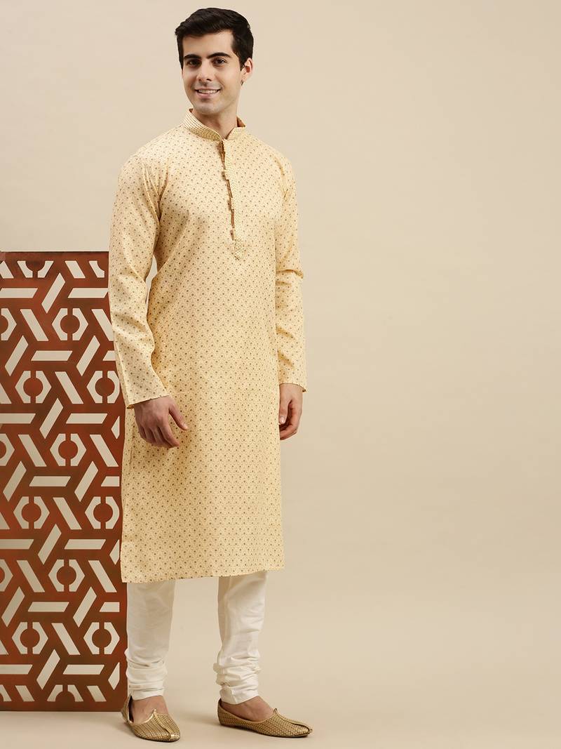 Sanwara Men's Light Yellow Printed Long Sleeve Cotton Elegant Kurta