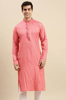 Sanwara Men's Pink Printed Long Sleeve Cotton Elegant Kurta