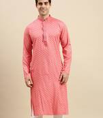Sanwara Men's Pink Printed Long Sleeve Cotton Elegant Kurta