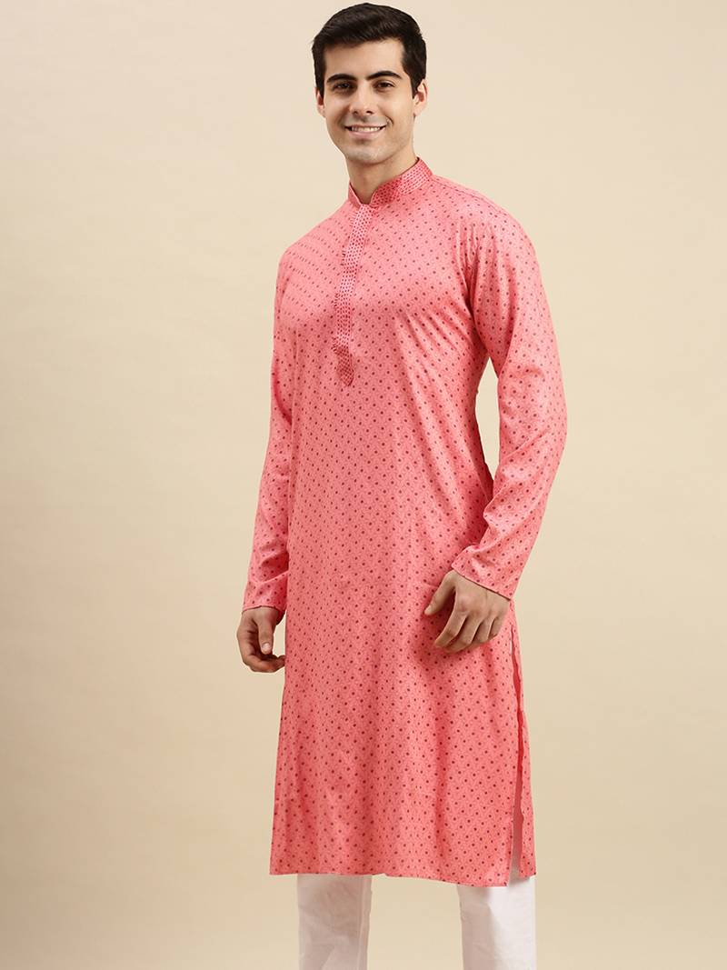 Sanwara Men's Pink Printed Long Sleeve Cotton Elegant Kurta