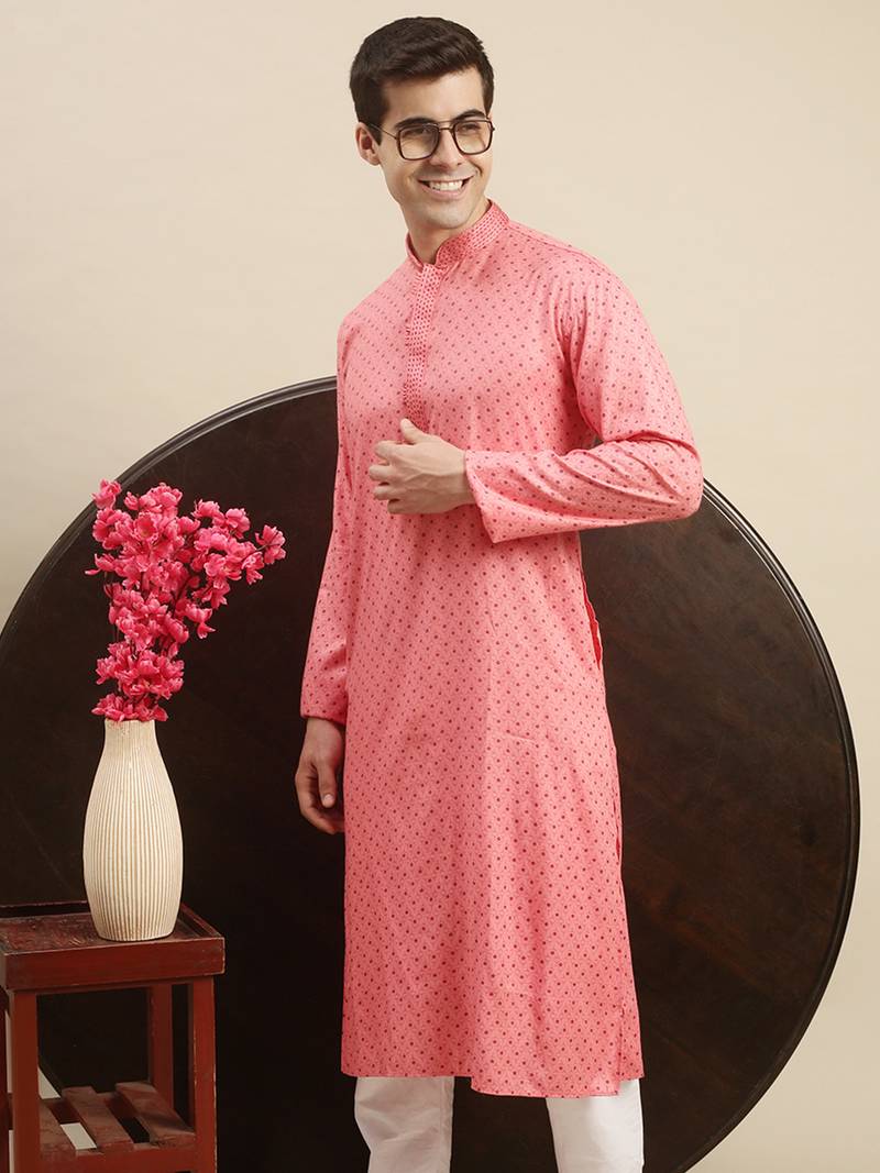 Sanwara Men's Pink Printed Long Sleeve Cotton Elegant Kurta