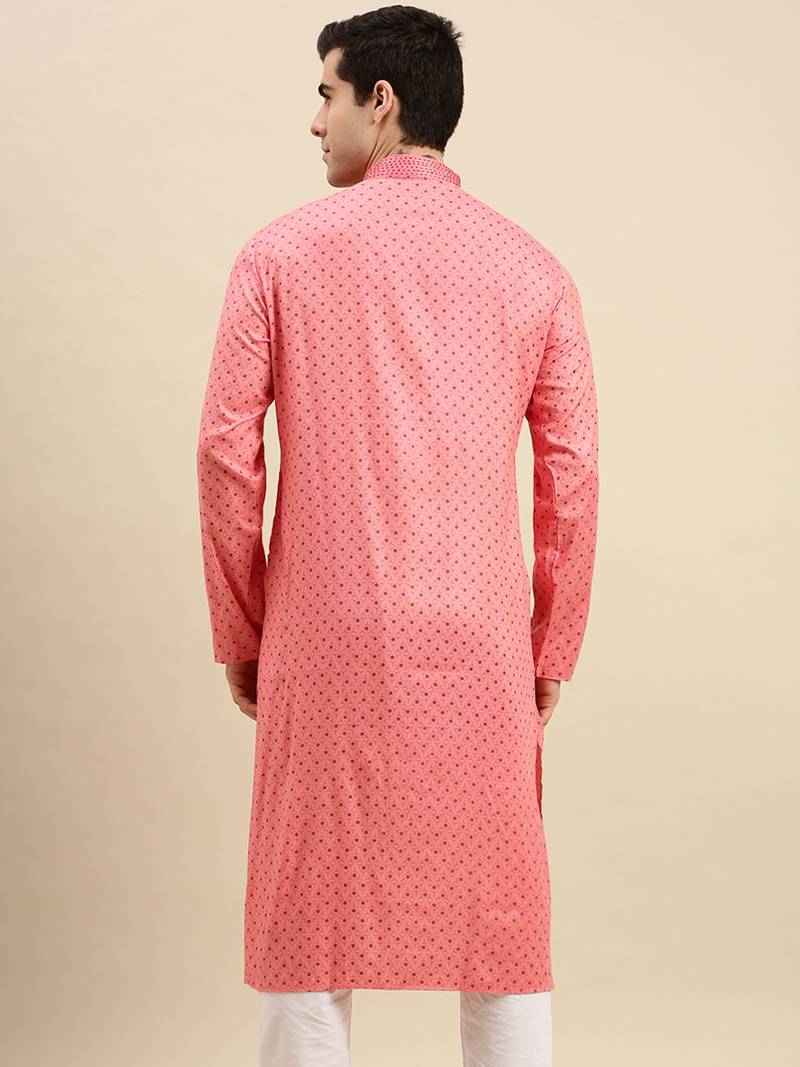 Sanwara Men's Pink Printed Long Sleeve Cotton Elegant Kurta
