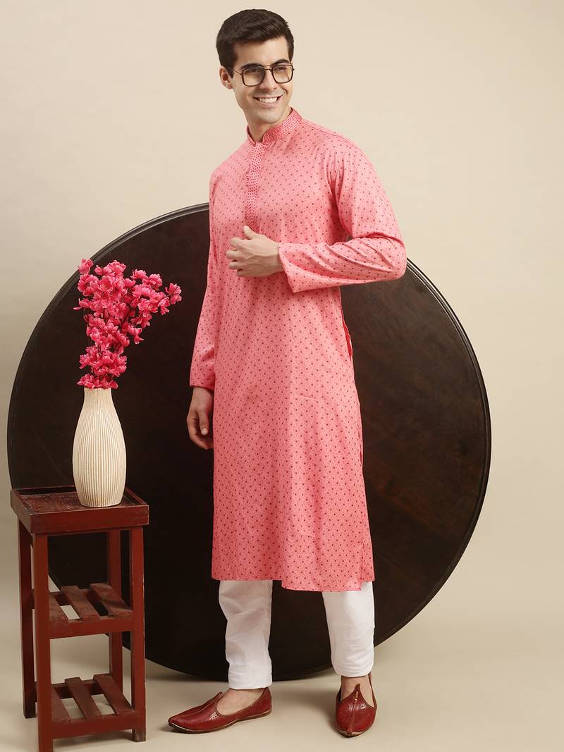 Sanwara Men's Pink Printed Long Sleeve Cotton Elegant Kurta