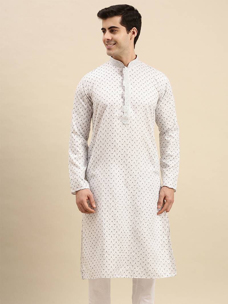 Sanwara Men's White Printed Long Sleeve Cotton Elegant Kurta