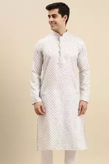 Sanwara Men's White Printed Long Sleeve Cotton Elegant Kurta
